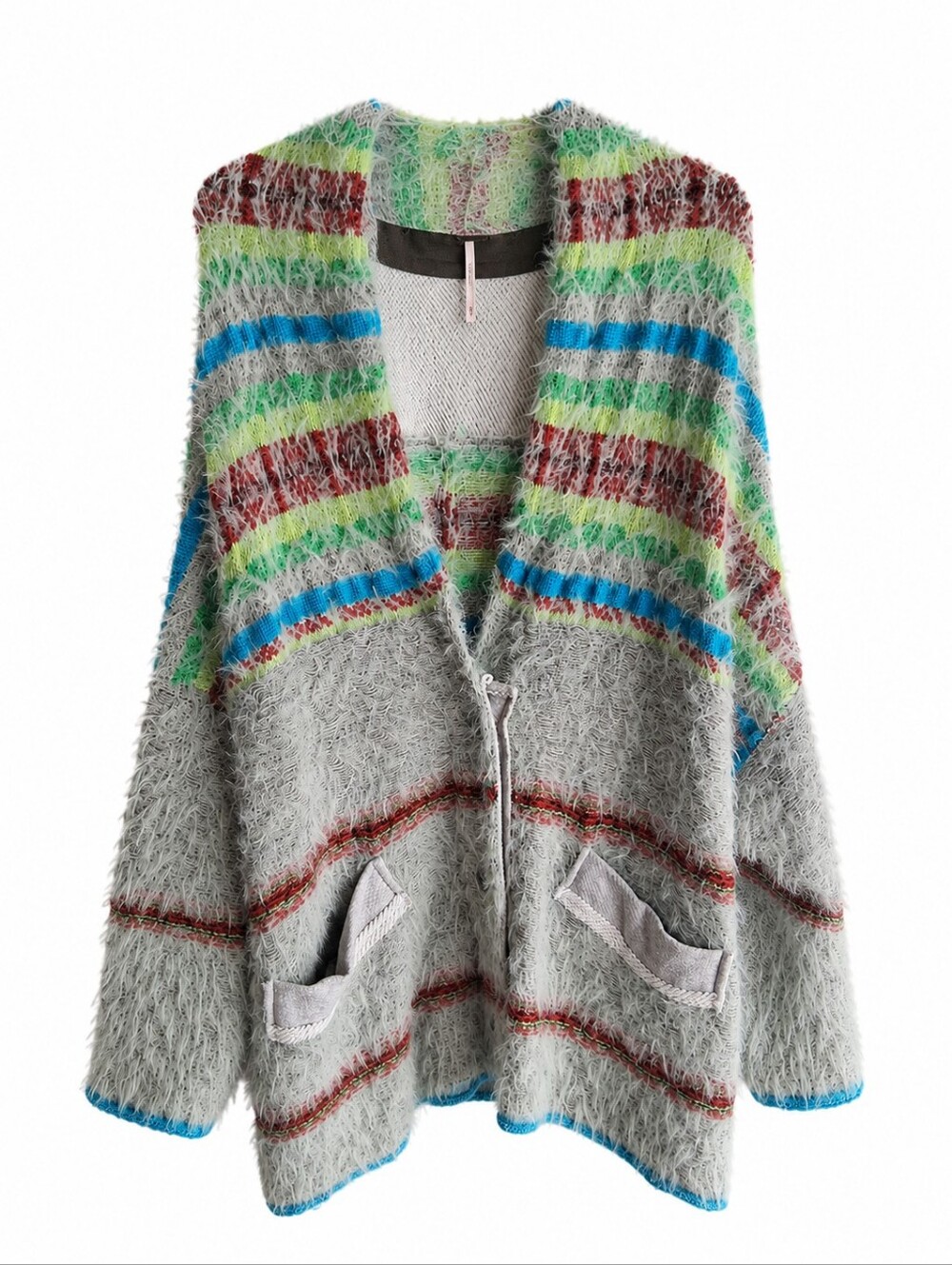 Free People Fair Weather Feather Cardigan Mint Haze S  Boho Shaggy Knit Pockets